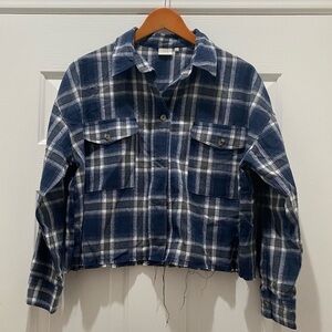 Blue Plaid Good Luck Gem Cropped Flannel, L